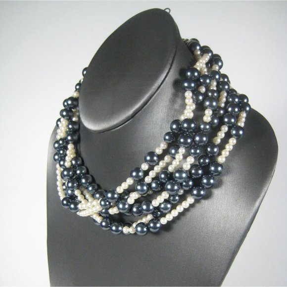 Imitation Pearl Necklace 20 Inch Silvertone Collar Beaded Statement Multi-Stran - Picture 7 of 11